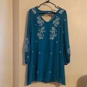 Rebellion Blue Boho linen Embroidered Dress with cut out back.